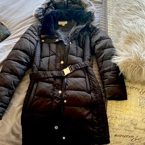 Belted Puffer Coat Jacket W/hood Black Faux Fur